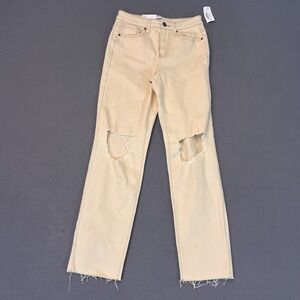 RSQ Jeans Womens 24 High Rise Straight Leg Denim Distressed Frayed Hem Ecru NWT